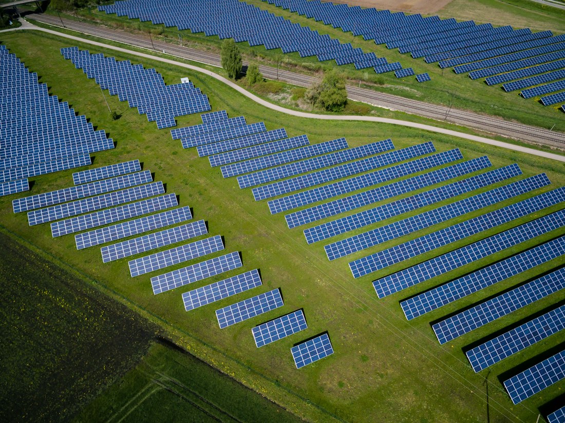 Aerial view of a utility-scale solar array